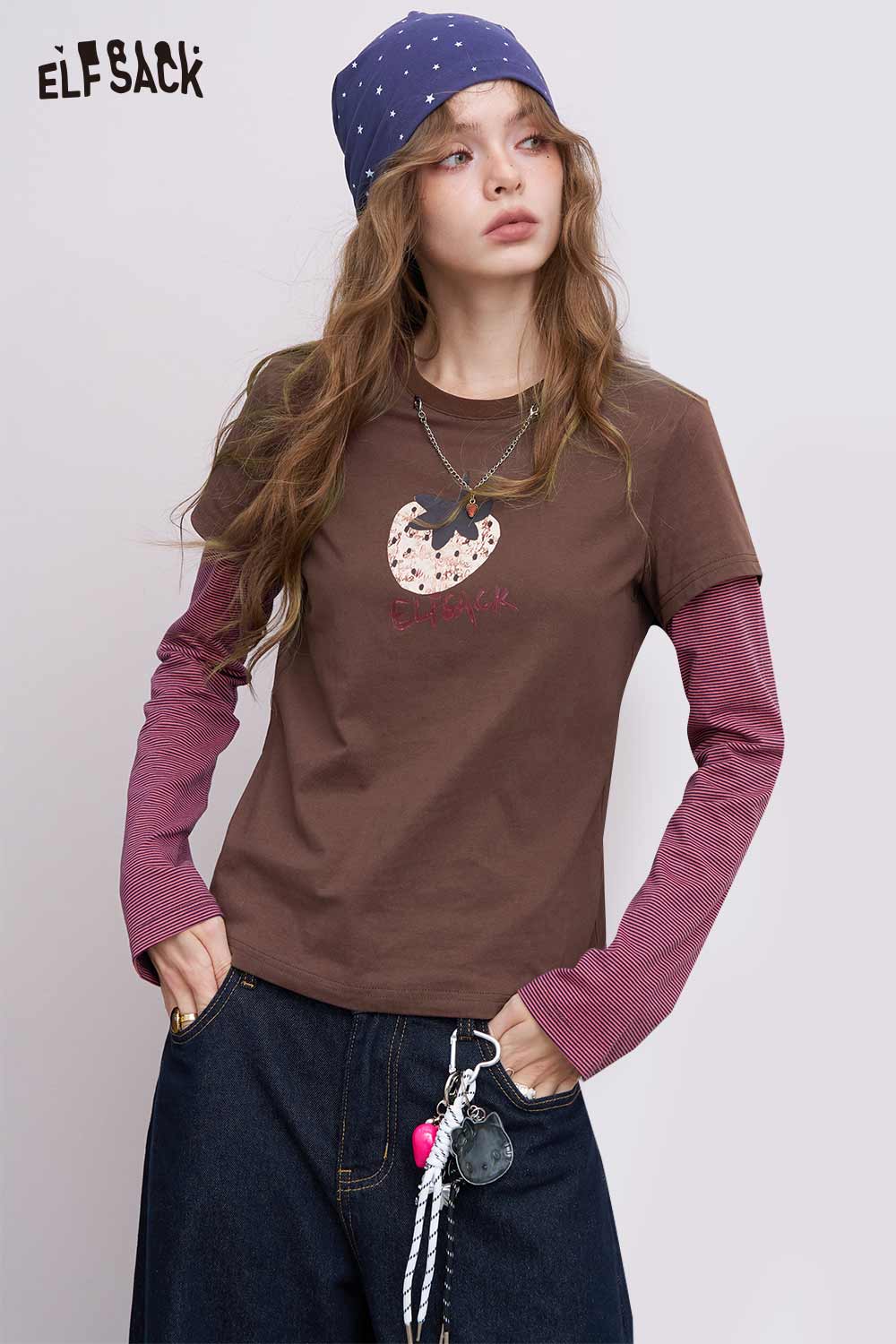 ELFSACK women's fruit print cotton tee in brown layered over purple long sleeve top with jeans