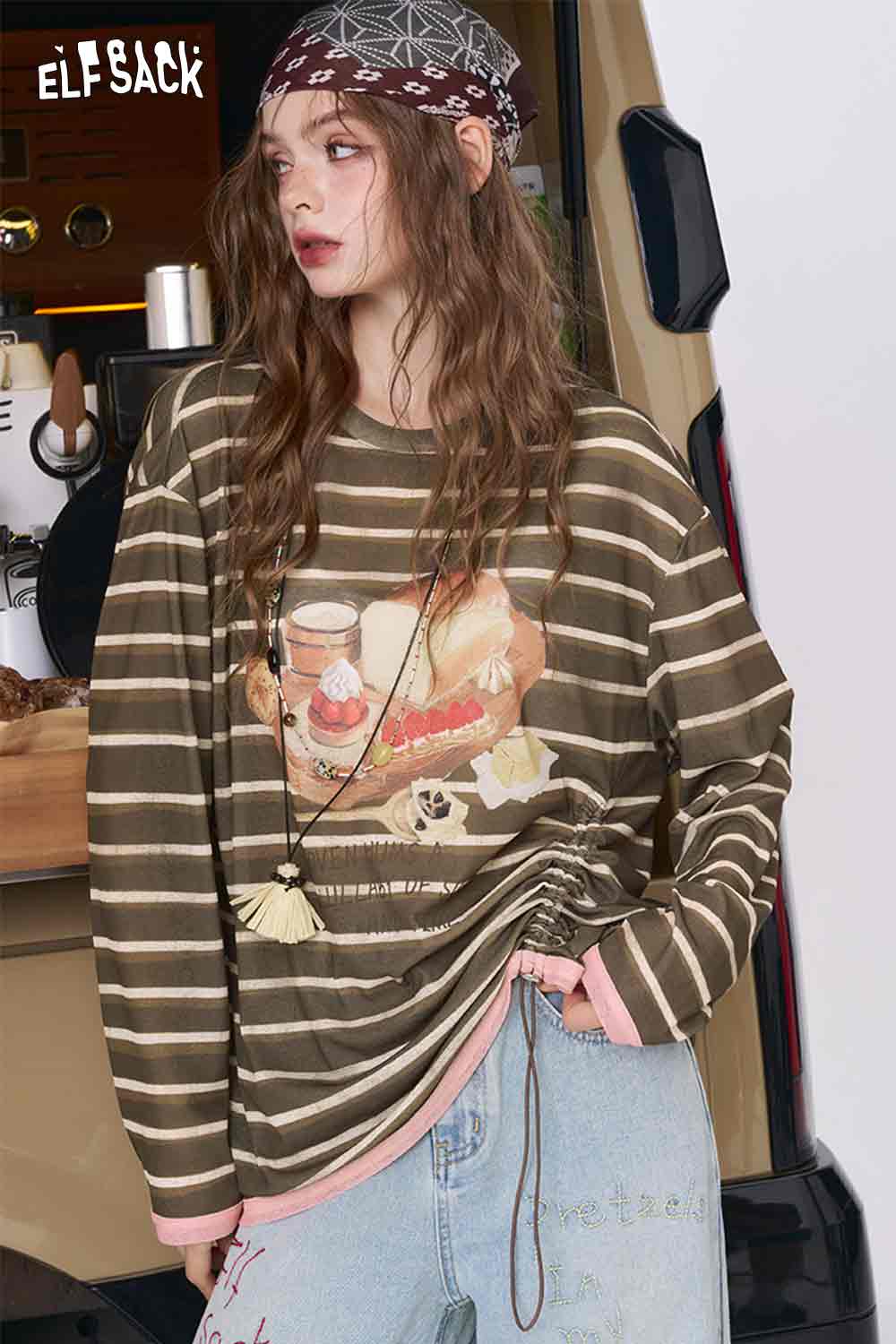 ELFSACK relaxed fit ruched stripe t-shirt olive and beige striped long sleeve with dessert graphic and side drawstring