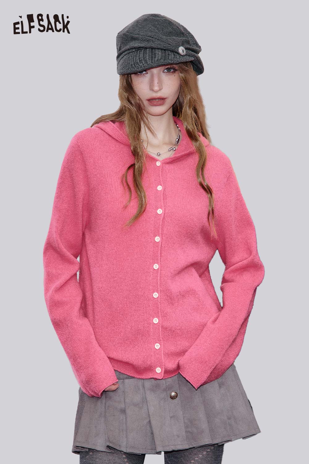 ELFSACK cotton oversized hooded cardigan in pink with button details for a stylish casual look