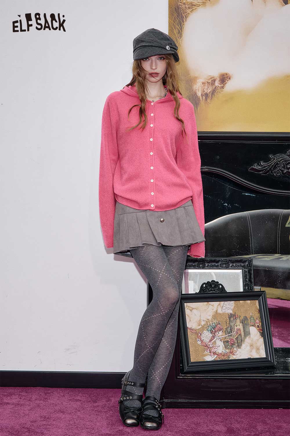 ELFSACK cotton oversized hooded cardigan in pink paired with a skirt and tights for a trendy look