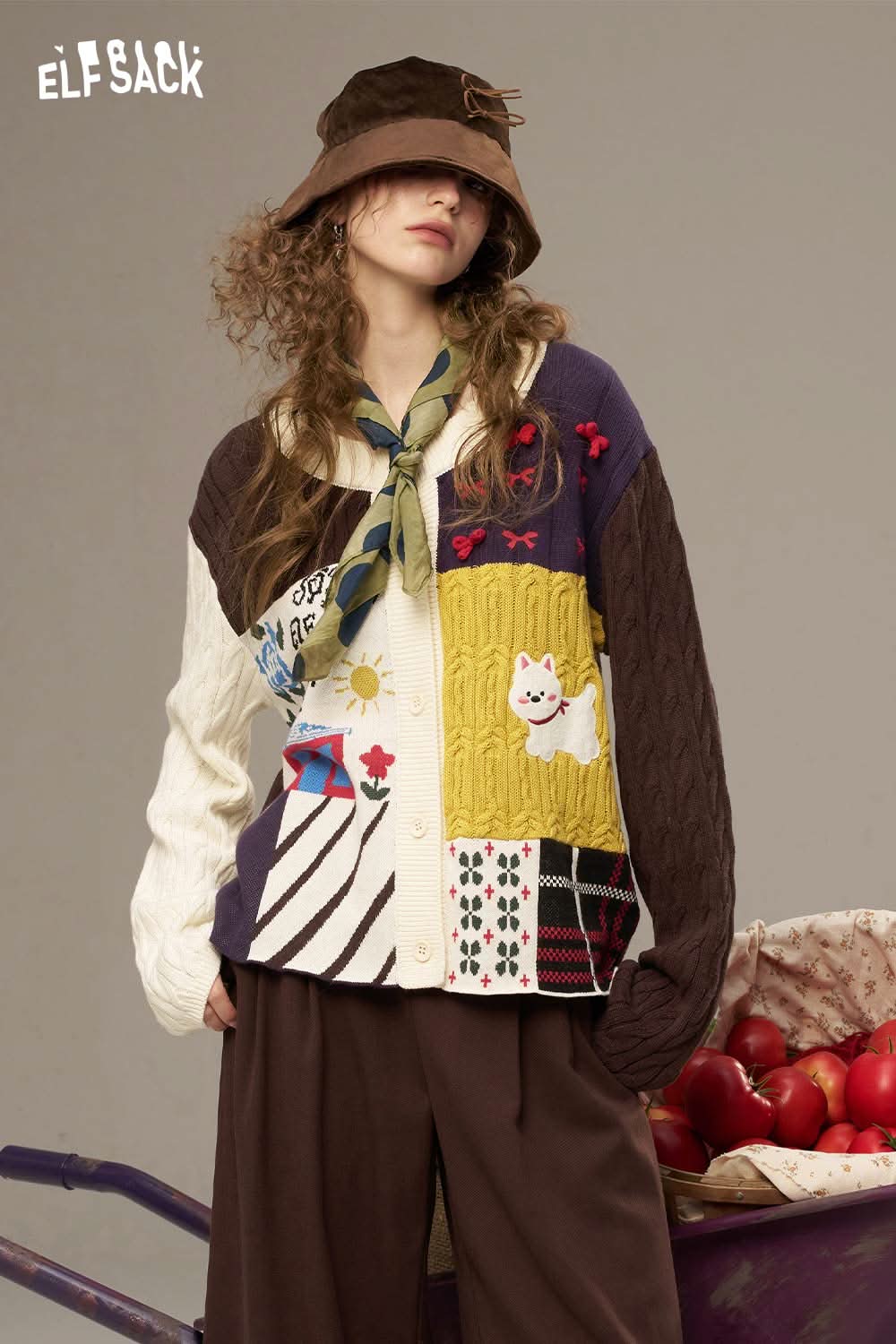 Colorful cotton patchwork cardigan for women from ELFSACK, featuring unique designs and cozy fabric.