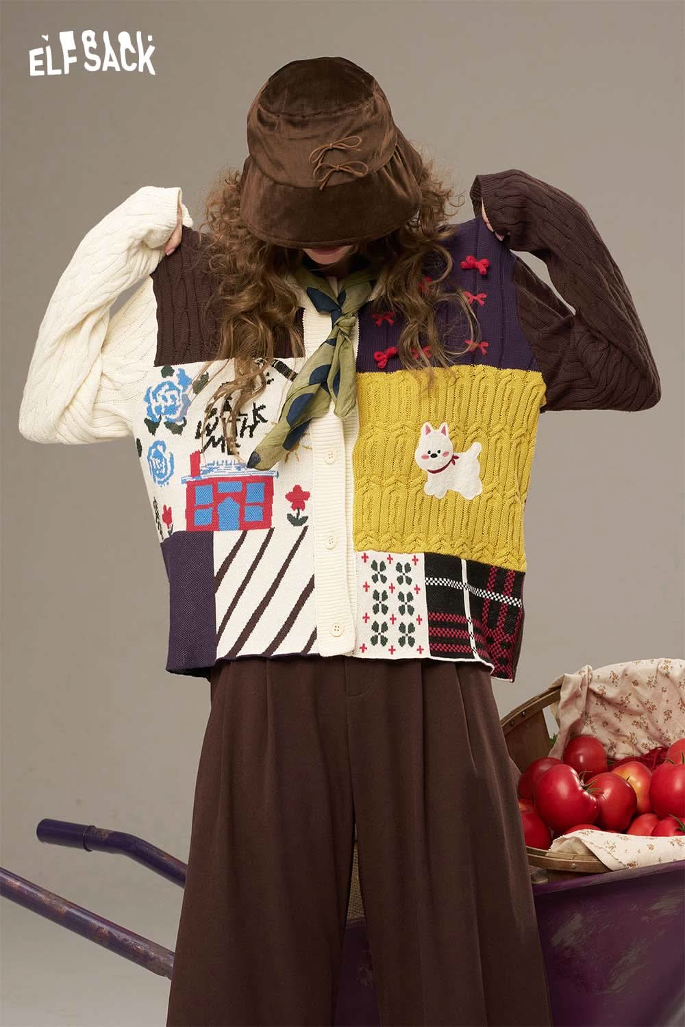Colorful cotton patchwork cardigan for women by ELFSACK featuring unique designs and button closure