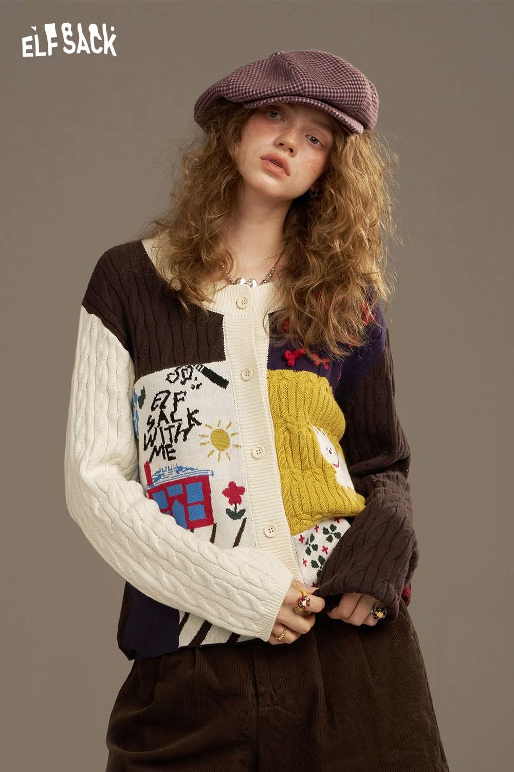 ELFSACK cotton patchwork cardigan for women featuring vibrant colors and playful designs