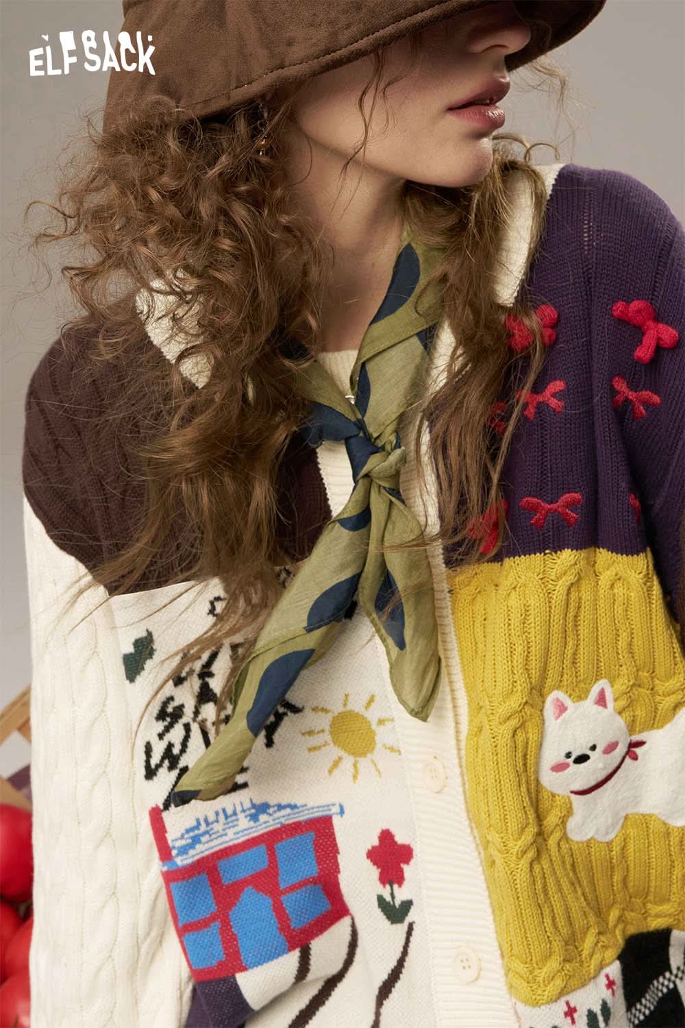 ELFSACK cotton patchwork cardigan for women featuring colorful knitting and unique design elements