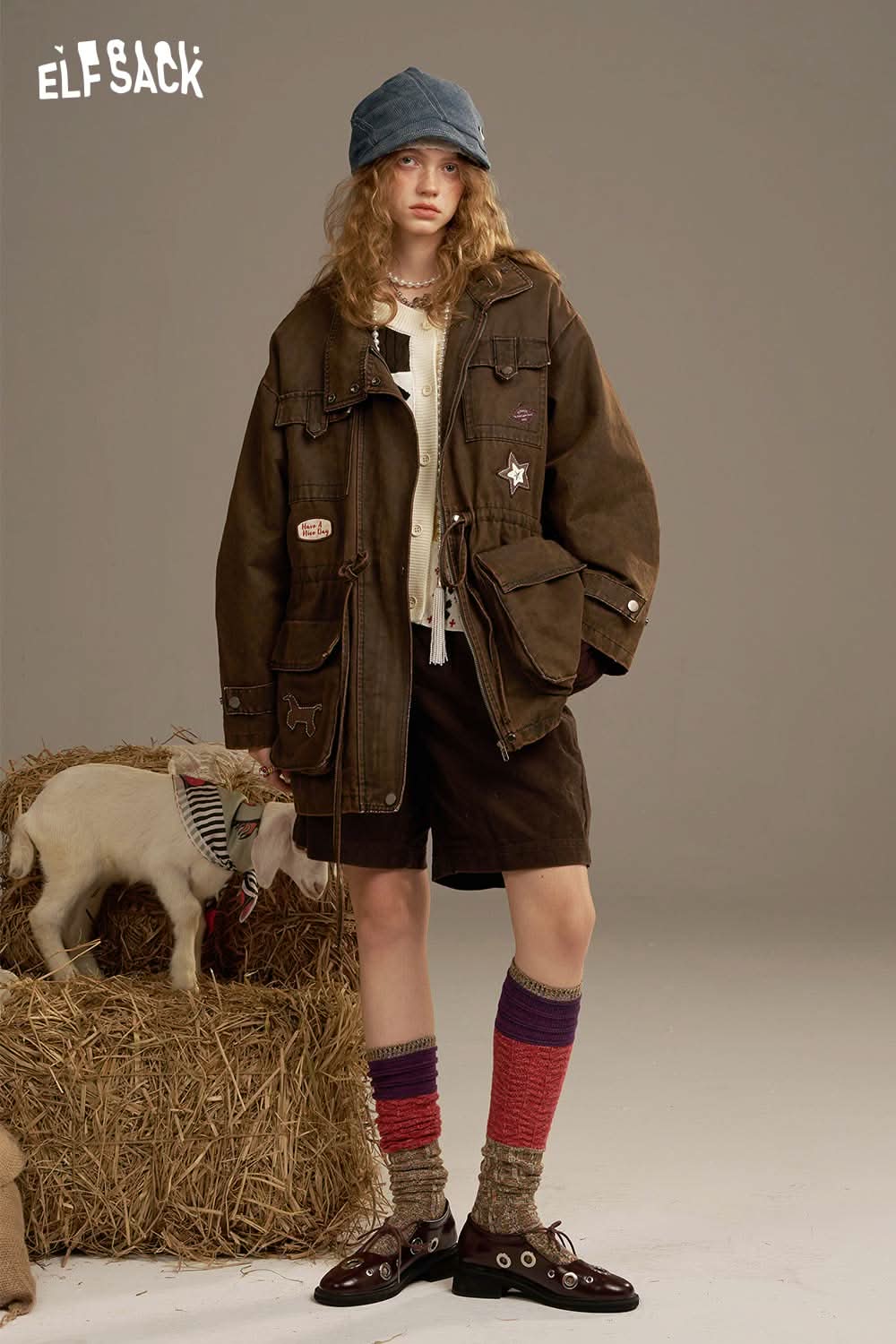 ELFSACK cotton patchwork cardigan for women styled with a casual outfit and accessories