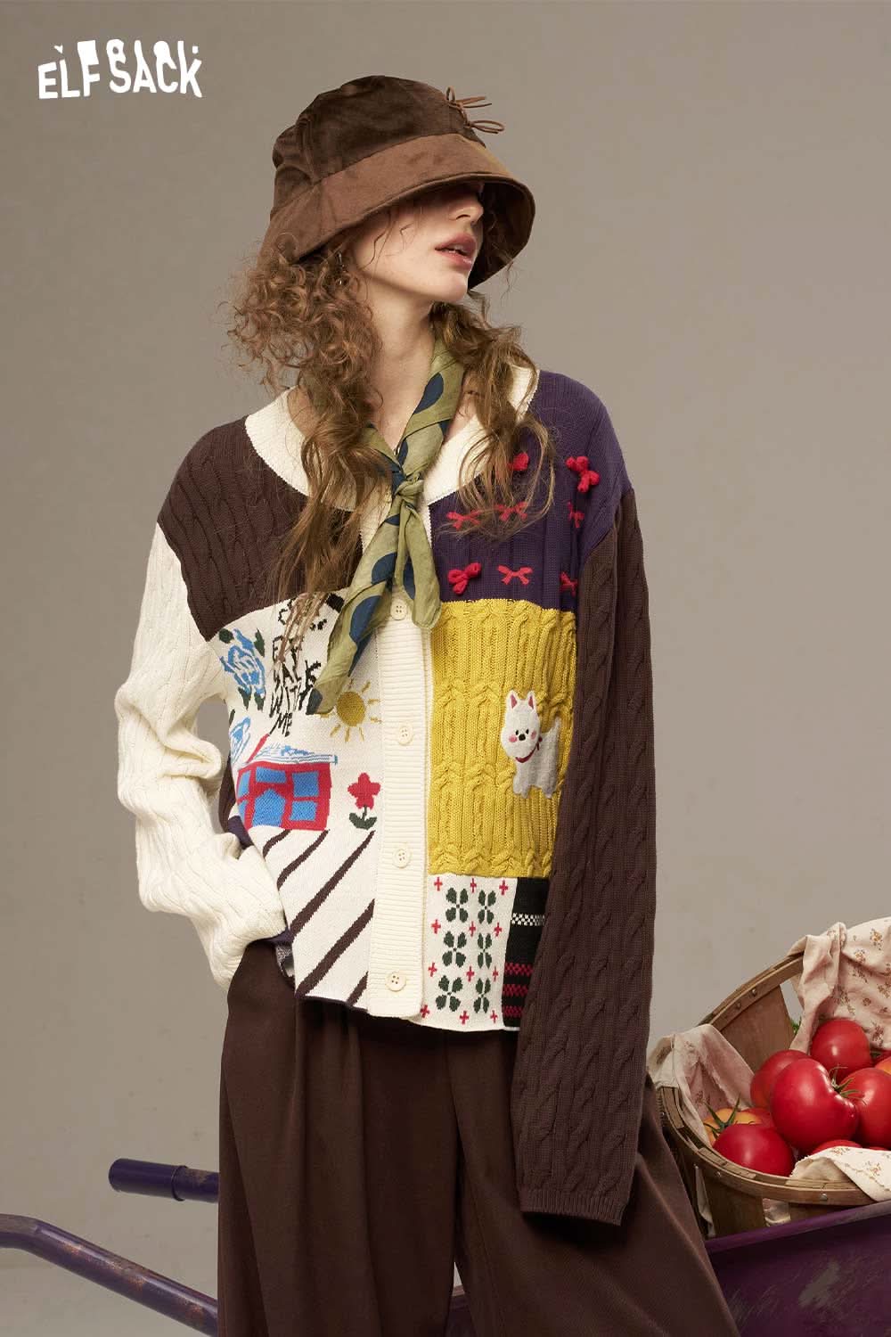ELFSACK cotton patchwork cardigan for women featuring vibrant colors and unique patterns