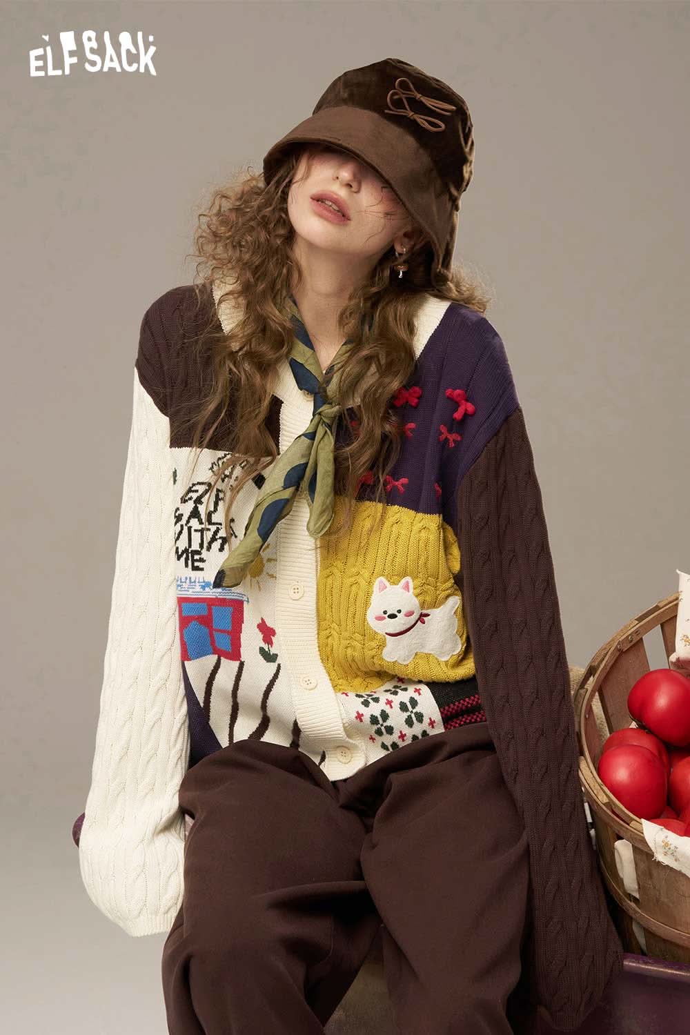 ELFSACK cotton patchwork cardigan for women with colorful designs and cozy knit material