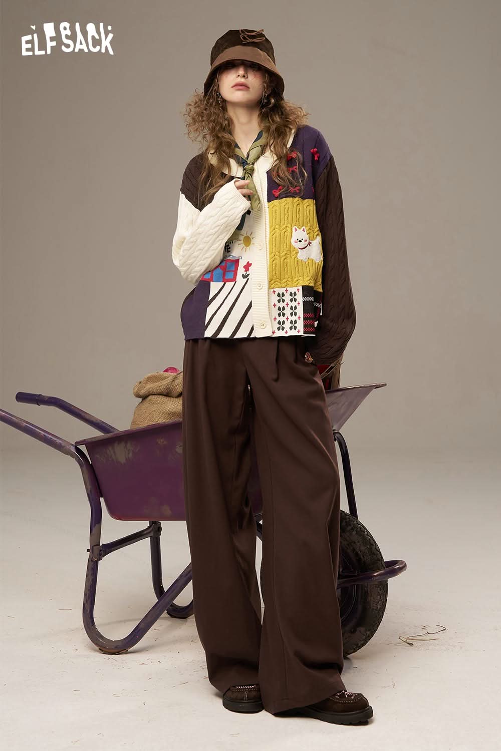 ELFSACK cotton patchwork cardigan for women in vibrant colors, styled with wide-leg pants