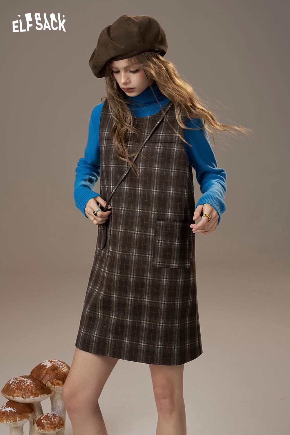 ELFSACK cotton plaid loose fit dress with pockets, styled over a blue turtleneck and paired with a beret