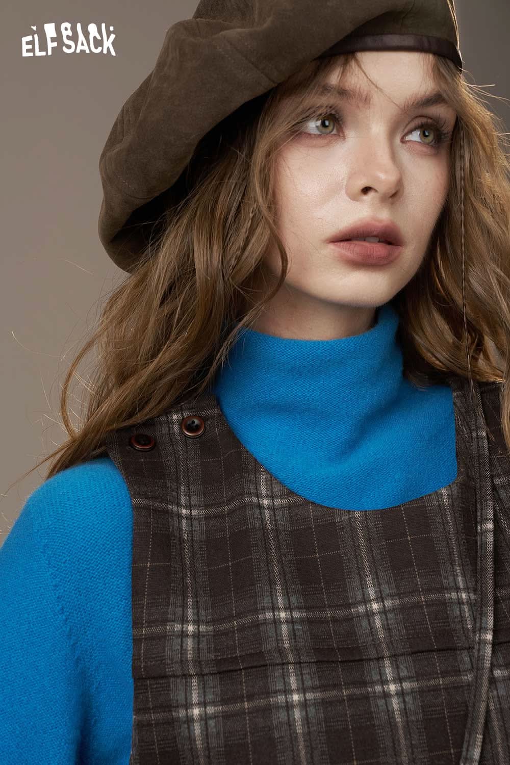 ELFSACK cotton plaid loose fit dress styled with a blue turtleneck and brown hat for a trendy look