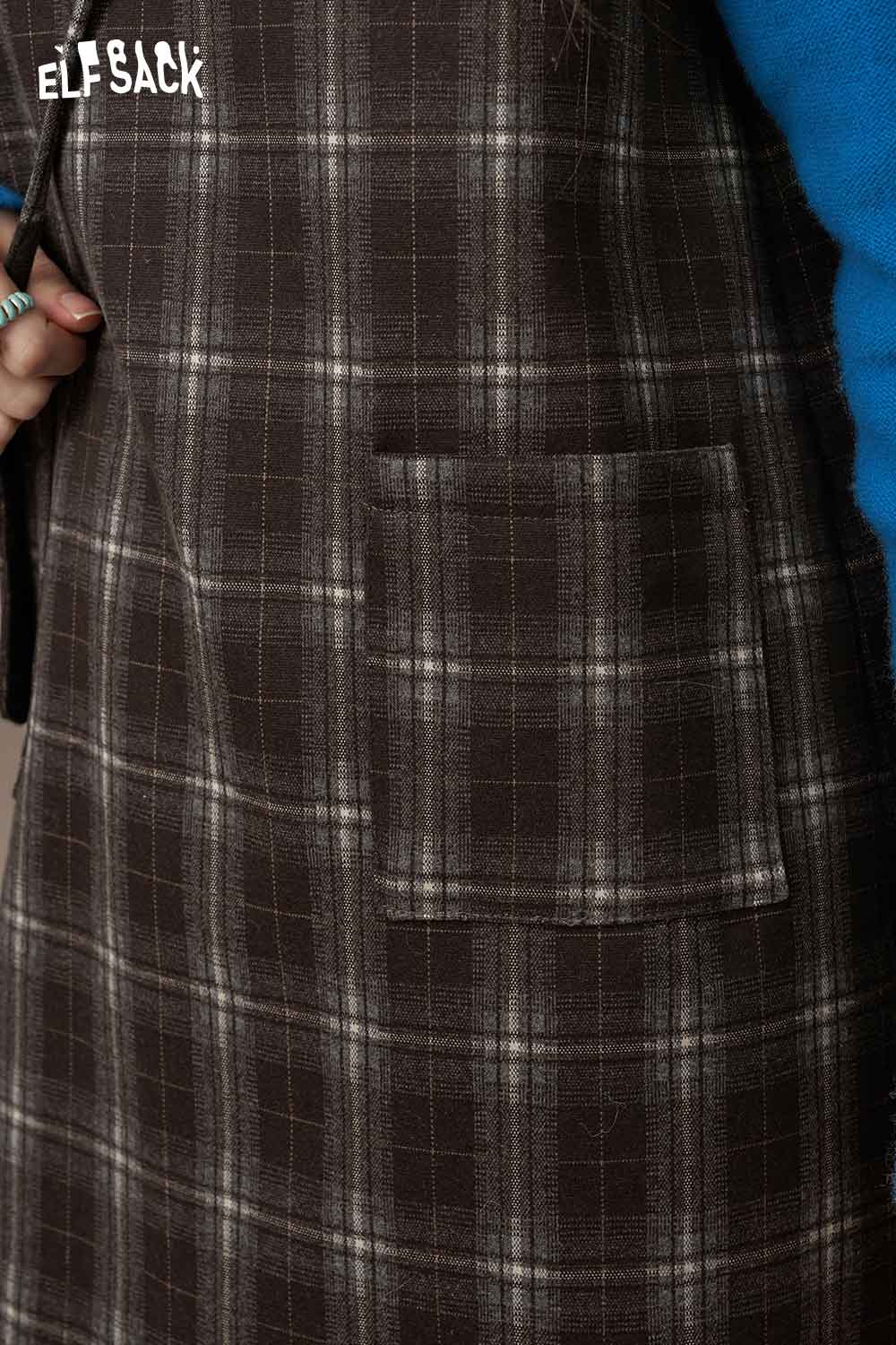 Close-up of ELFSACK cotton plaid loose fit dress featuring a pocket and check pattern