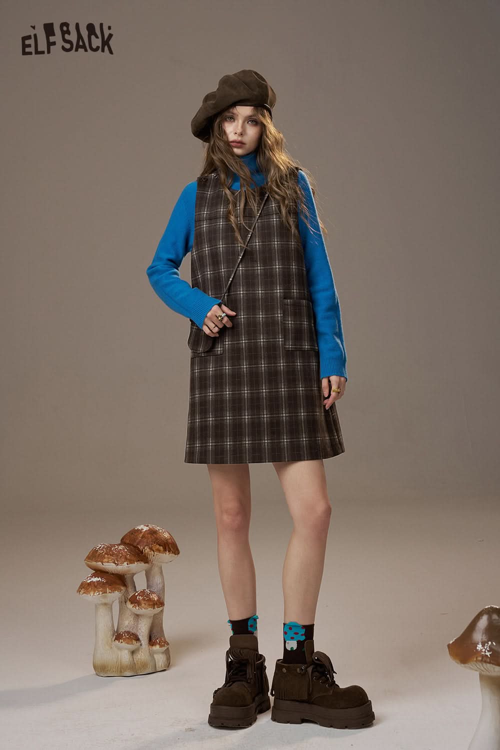 ELFSACK cotton plaid loose fit dress with a stylish layered look, perfect for casual wear