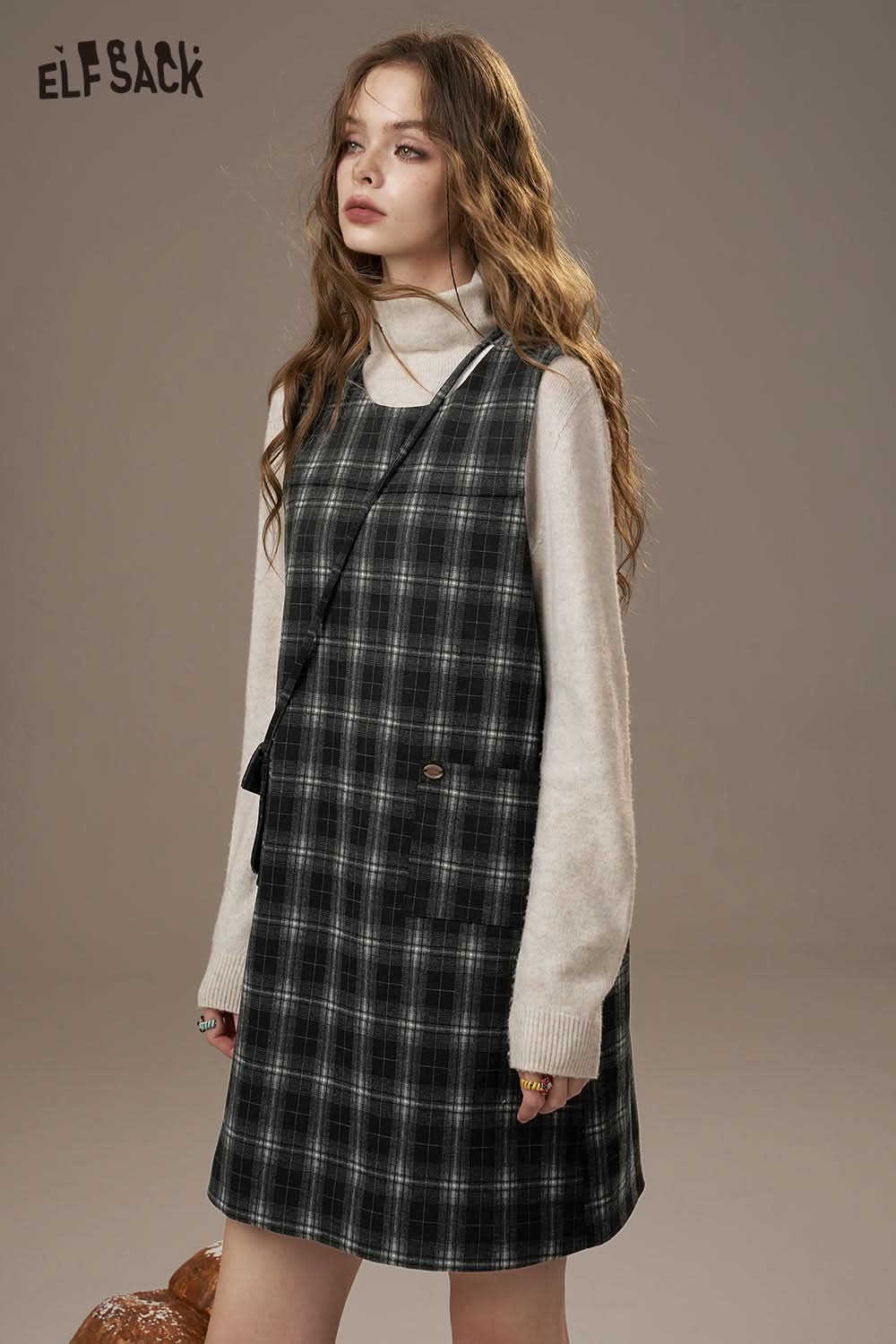 ELFSACK cotton plaid loose fit dress with a relaxed silhouette and adjustable straps for comfort