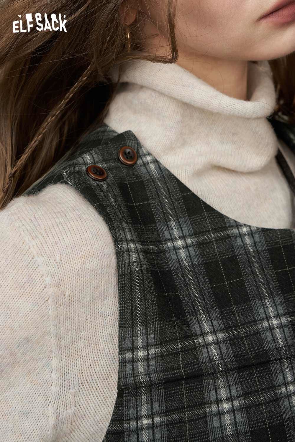 ELFSACK cotton plaid loose fit dress featuring button details and cozy layering for a stylish look