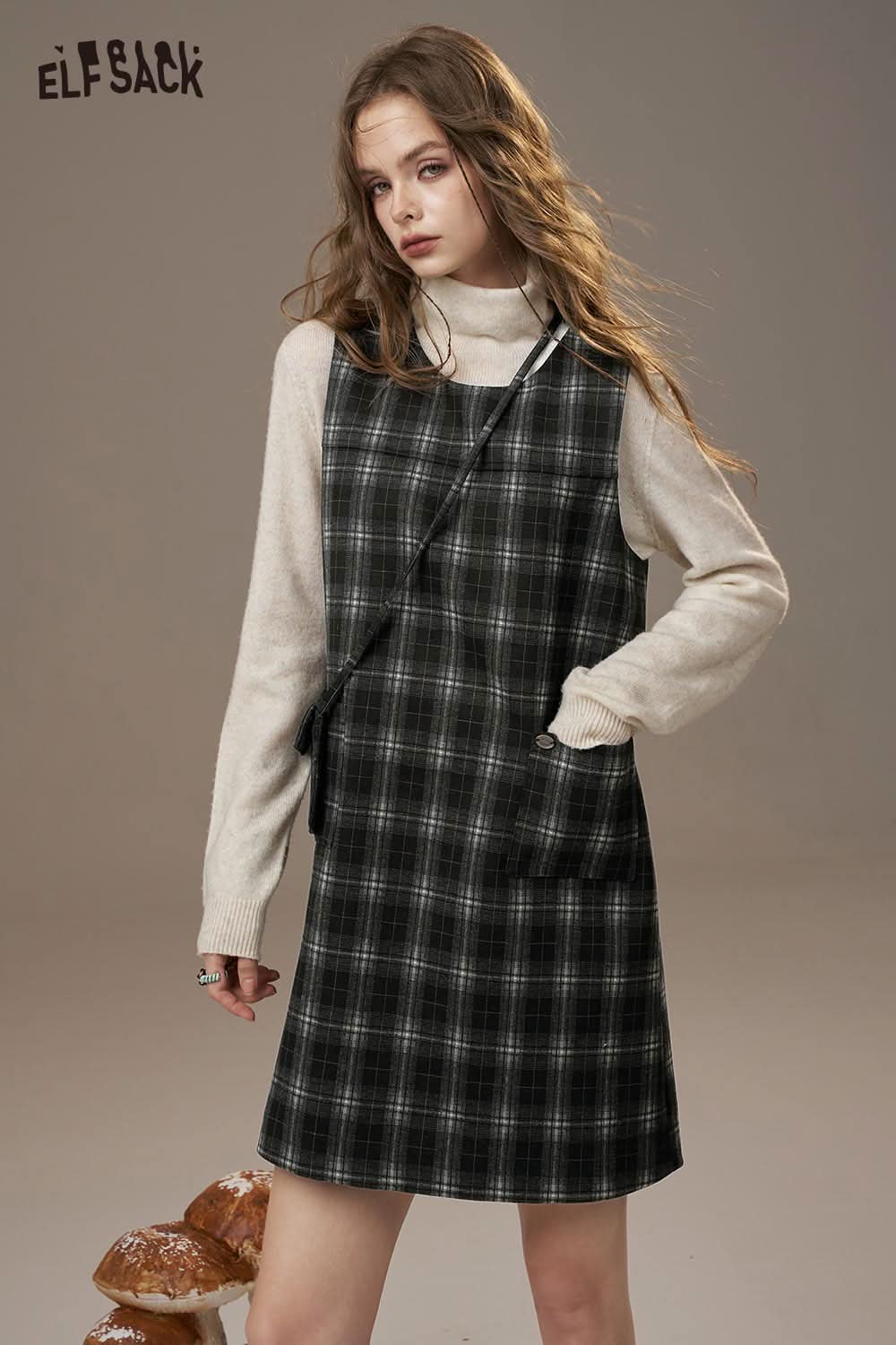 ELFSACK cotton plaid loose fit dress featuring a stylish design and wide straps for comfortable wear