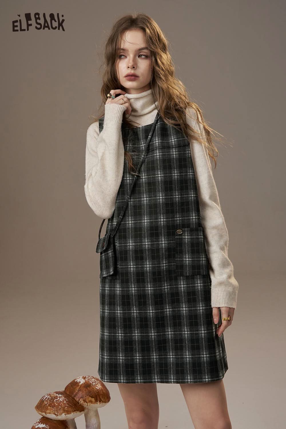 ELFSACK cotton plaid loose fit dress with stylish pockets and relaxed silhouette for casual wear