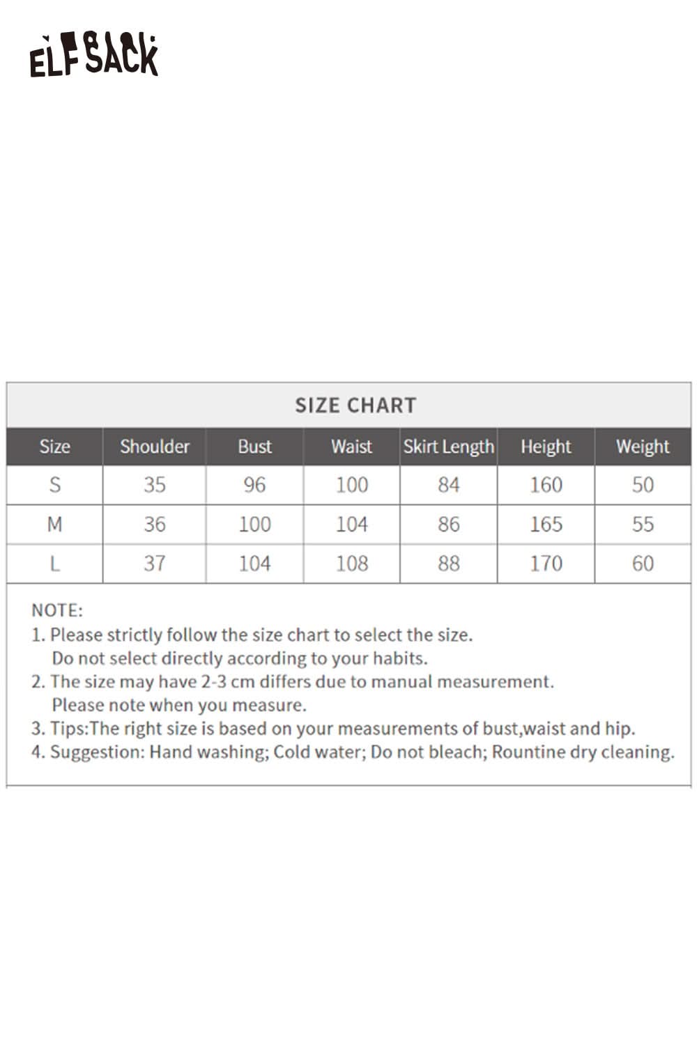ELFSACK cotton plaid loose fit dress size chart with measurements for a perfect fit