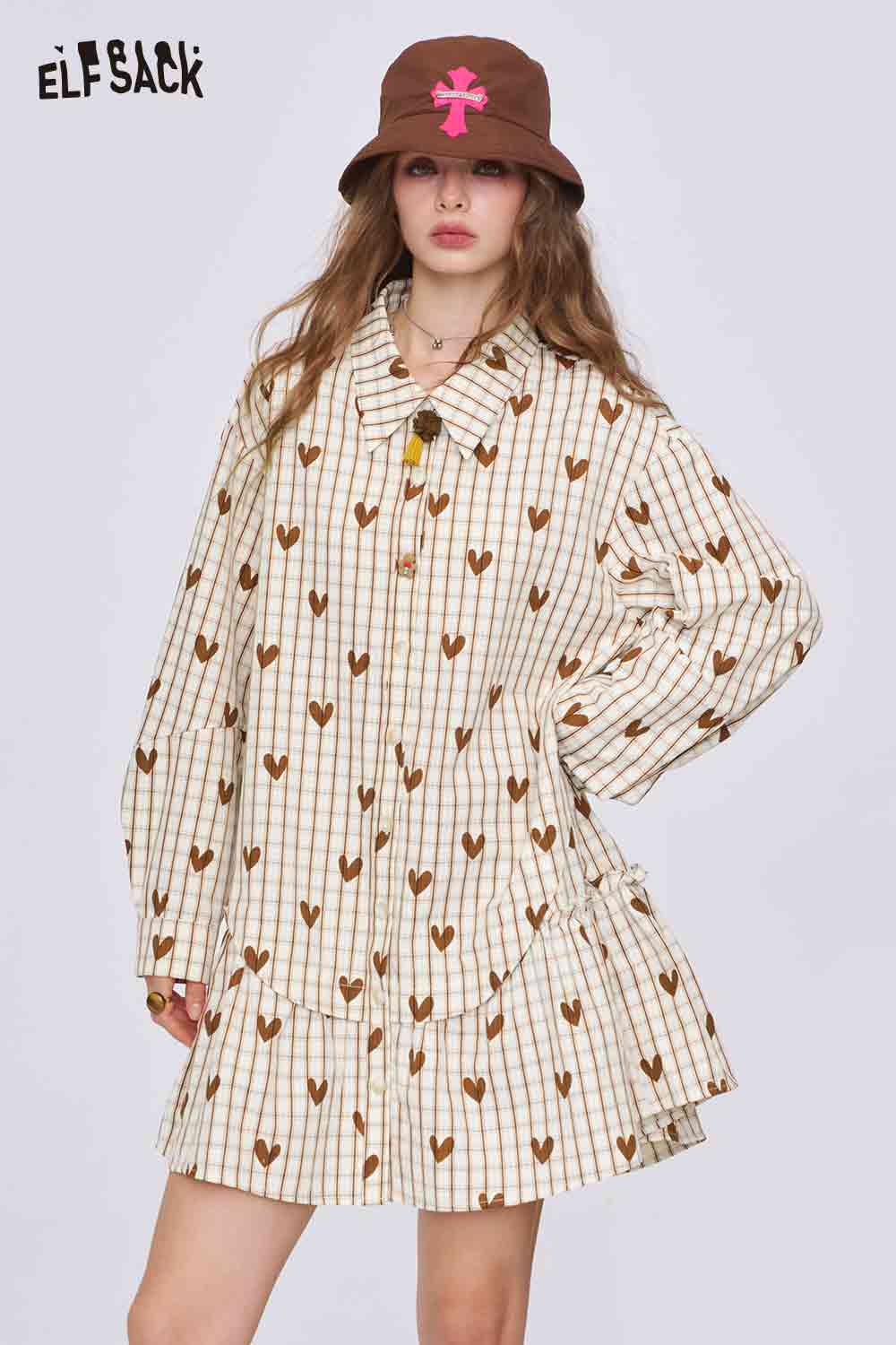 ELFSACK college style heart plaid dress cream striped button front long sleeve tiered hem with brown hearts
