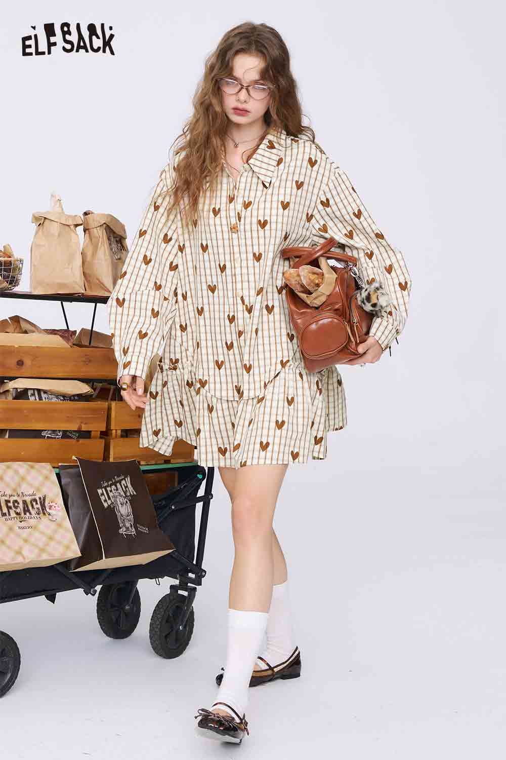ELFSACK college style heart plaid dress oversized button shirt dress with ruffle hem and long sleeves