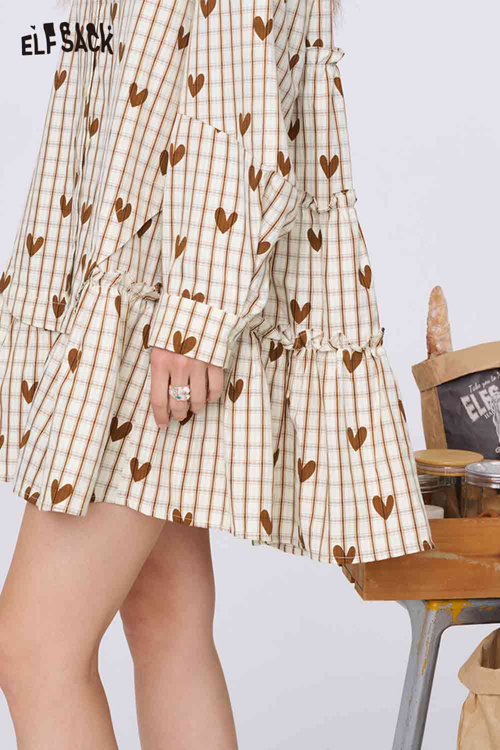 ELFSACK college style heart plaid dress cream brown heart print plaid ruffle tiered long sleeve mini dress