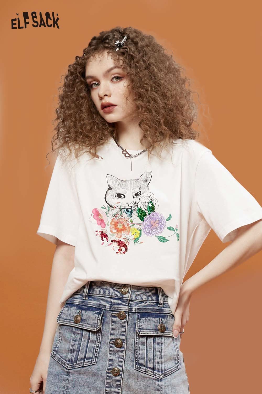 ELFSACK Cotton Print Loose Base Layer Short Sleeve Top