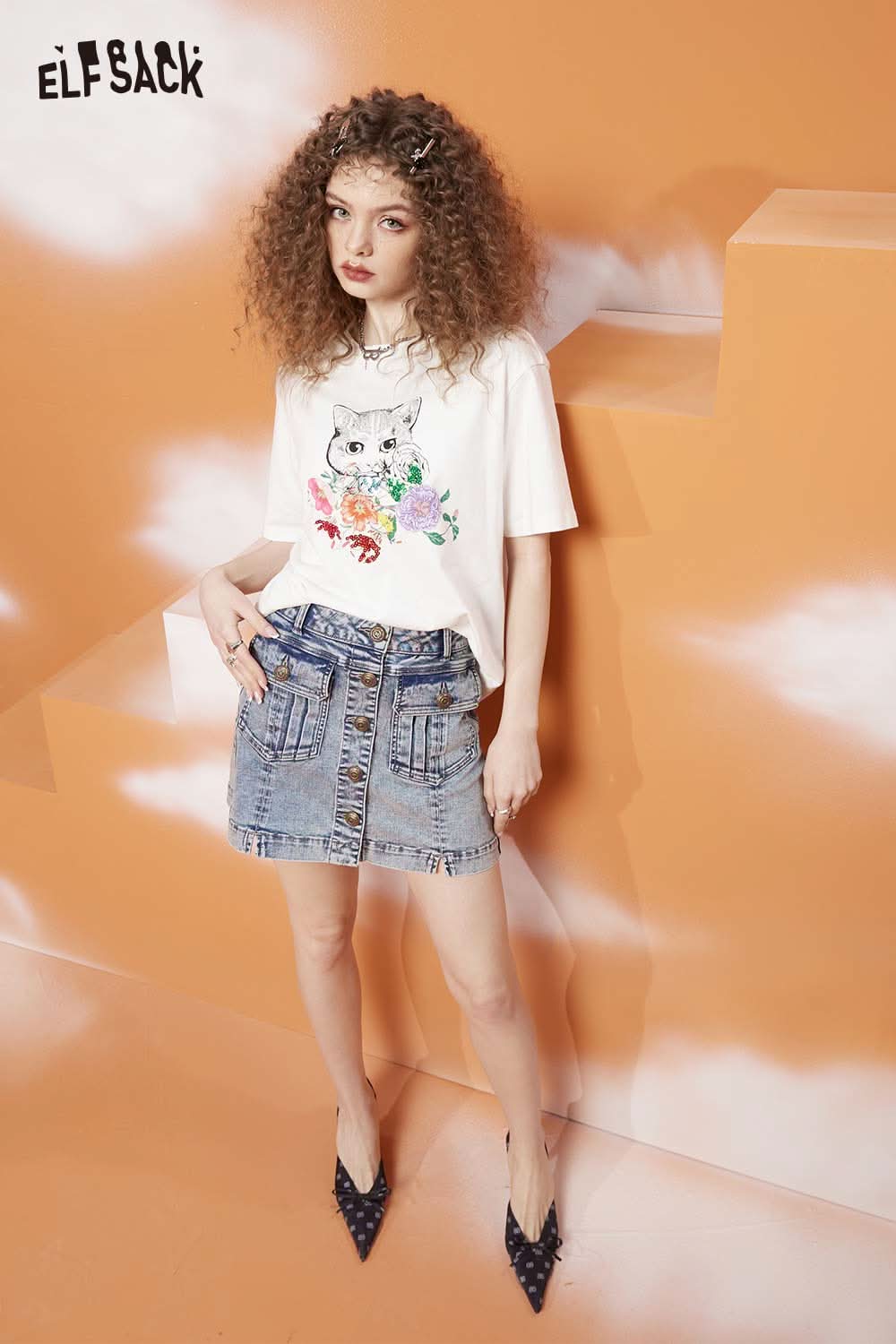 ELFSACK Cotton Print Loose Base Layer Short Sleeve Top