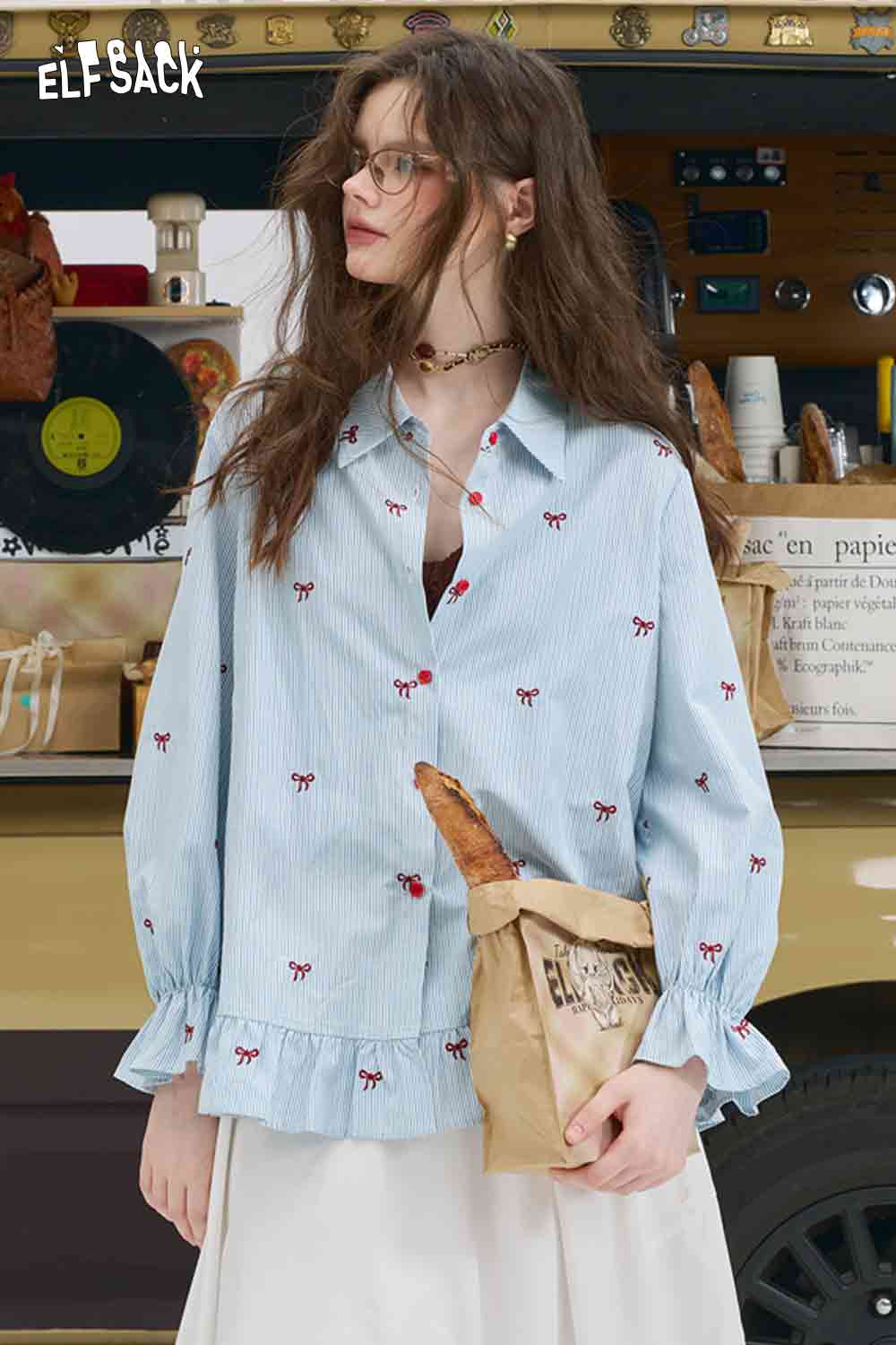 ELFSACK bow embroidered striped shirt for women light blue button shirt with small red bows ruffle hem