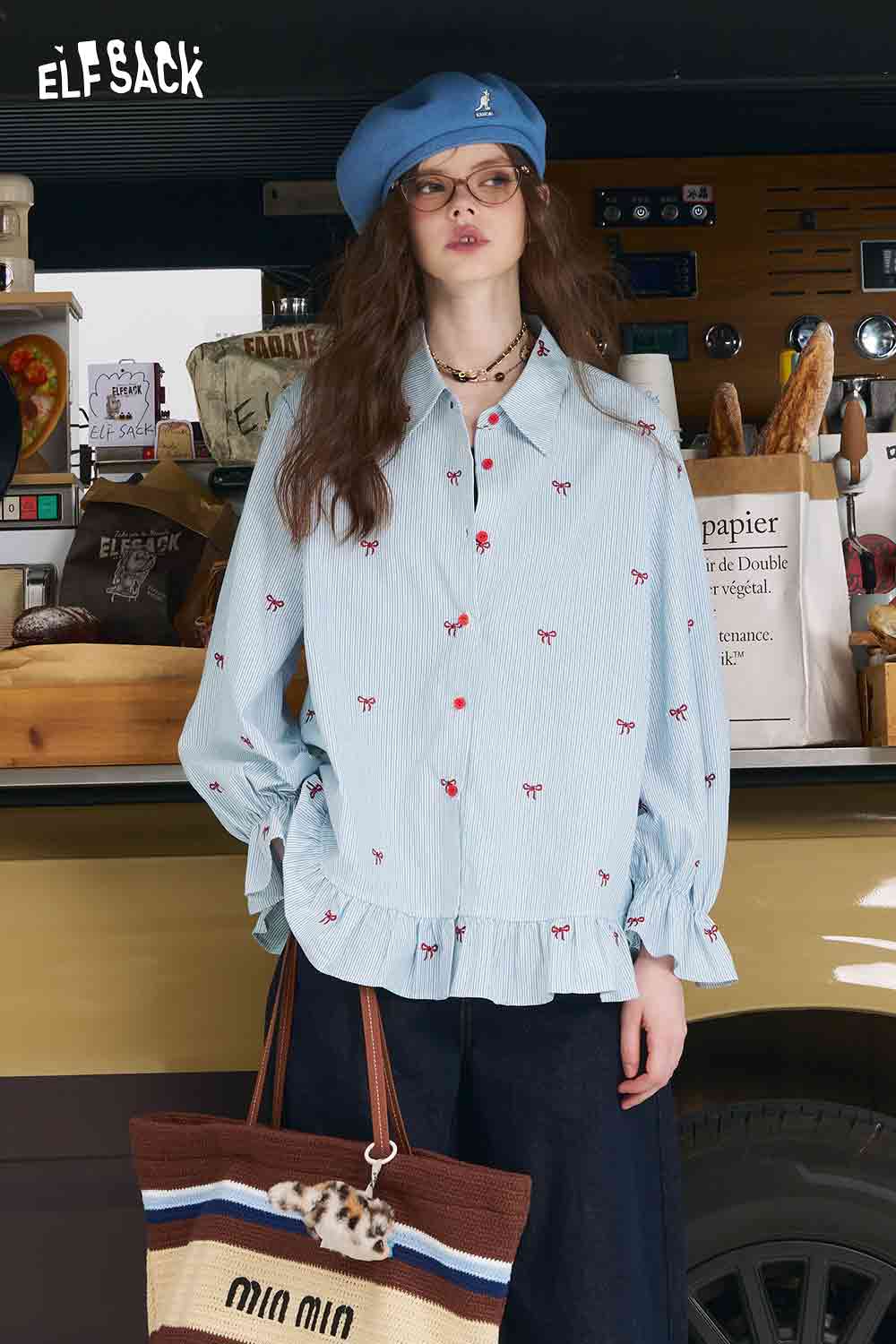 ELFSACK bow embroidered striped shirt for women light blue ruffle hem long sleeve button front