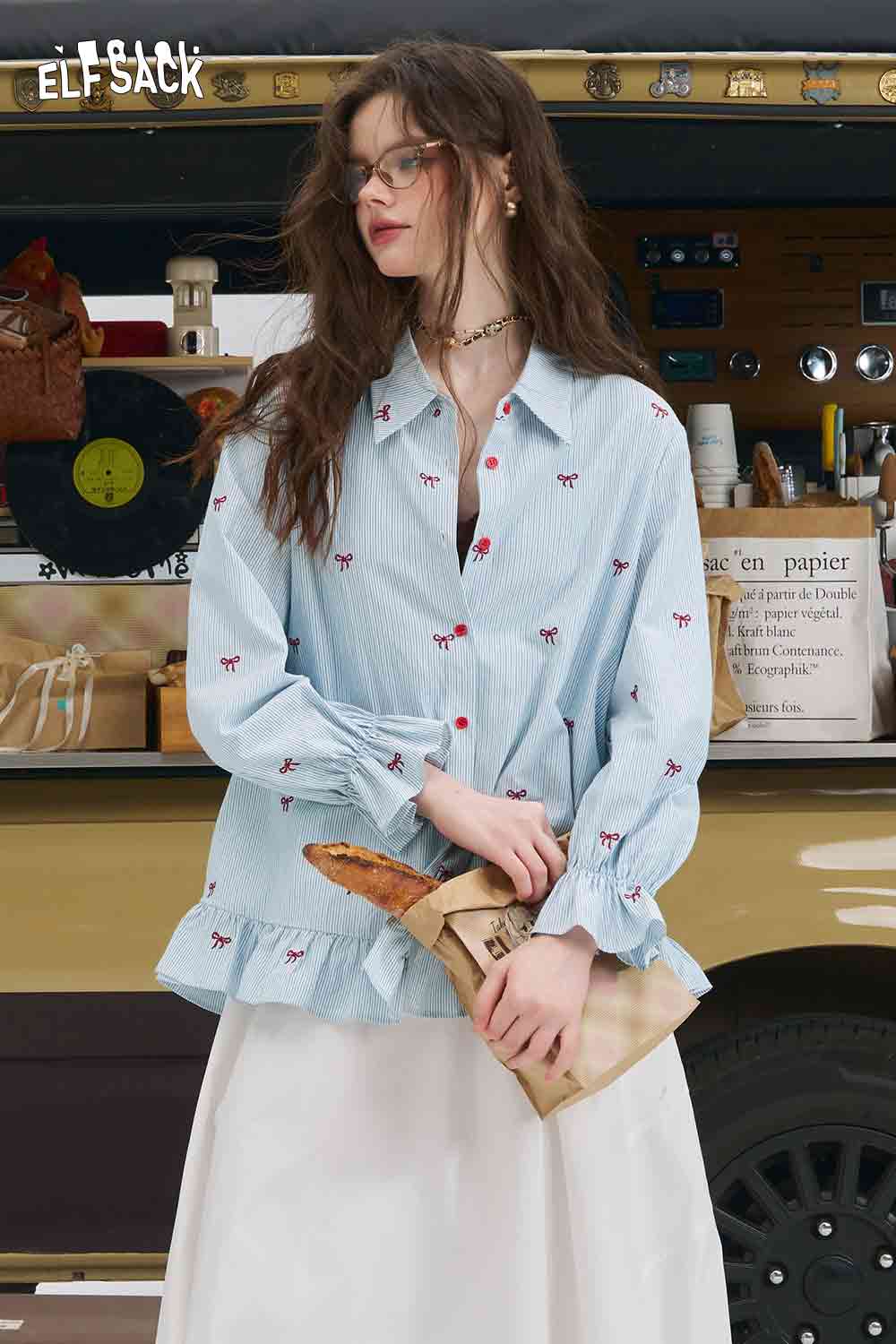 ELFSACK bow embroidered striped shirt for women light blue button down with ruffle hem and red bow motifs