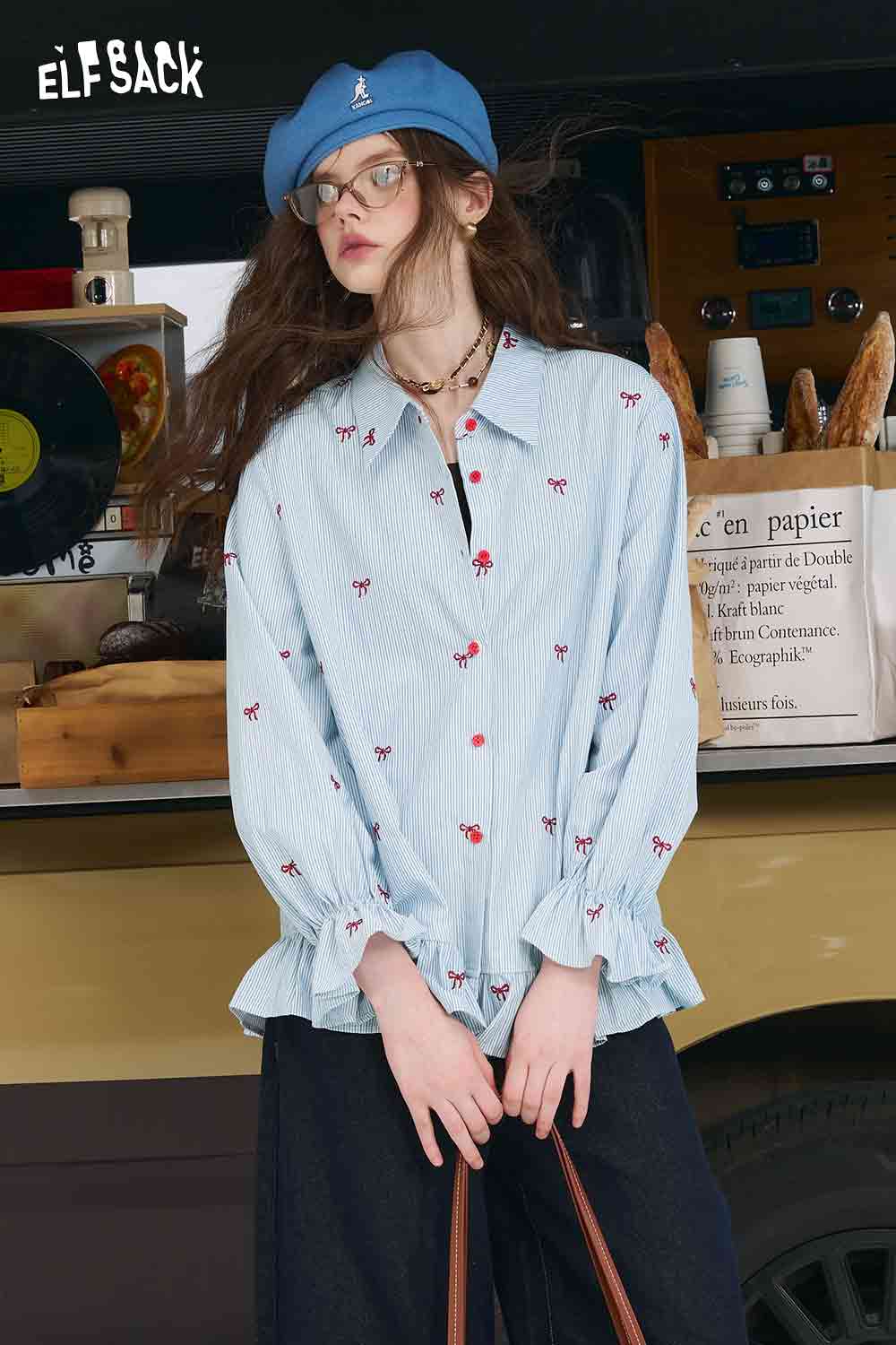 ELFSACK bow embroidered striped shirt for women light blue button down with red bow motifs ruffle cuffs and hem