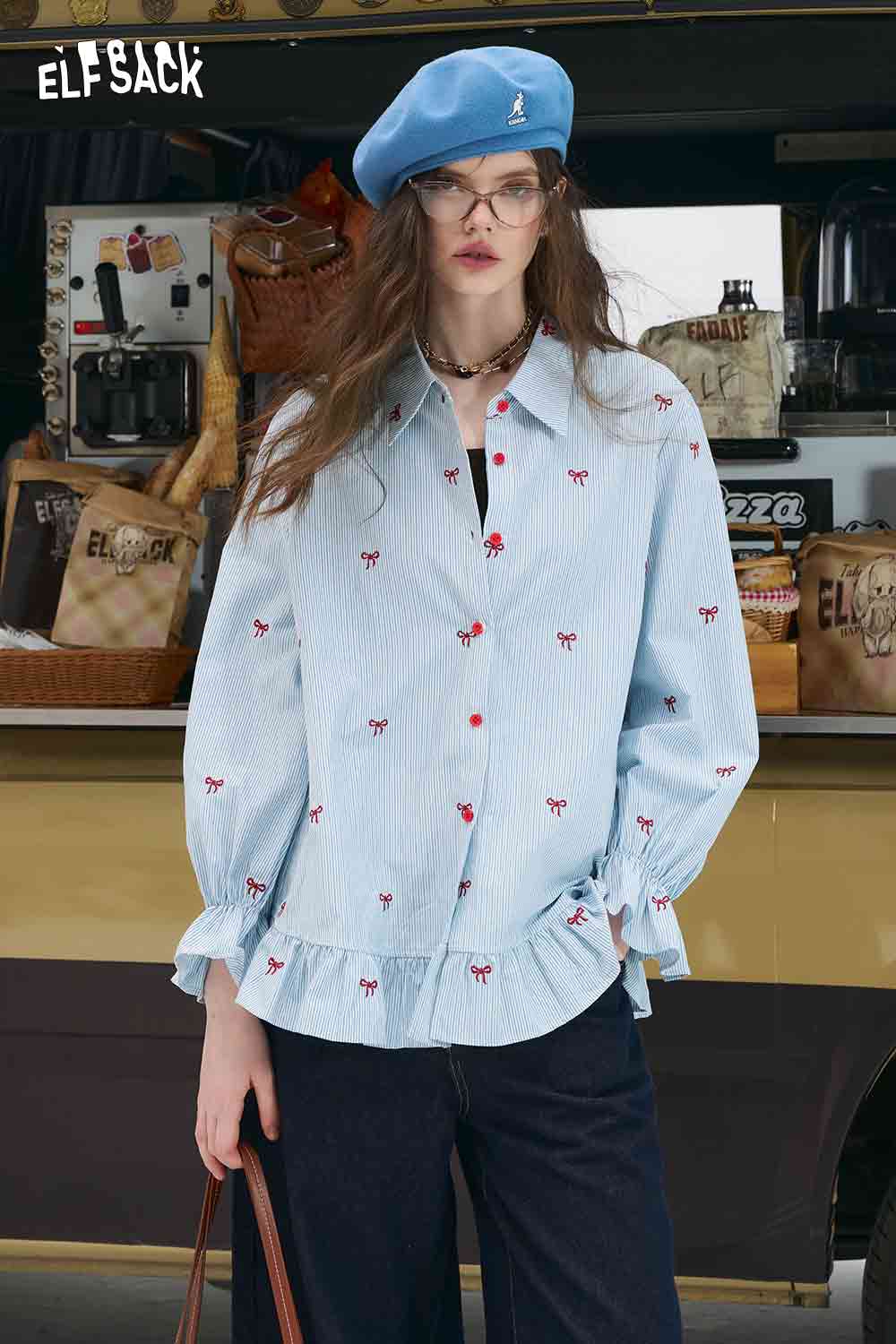 ELFSACK light blue bow embroidered striped shirt for women with ruffled hem and red bow motifs
