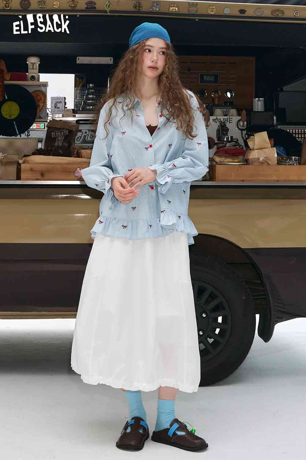 ELFSACK bow embroidered striped shirt for women light blue ruffle hem long sleeve styled with white midi skirt