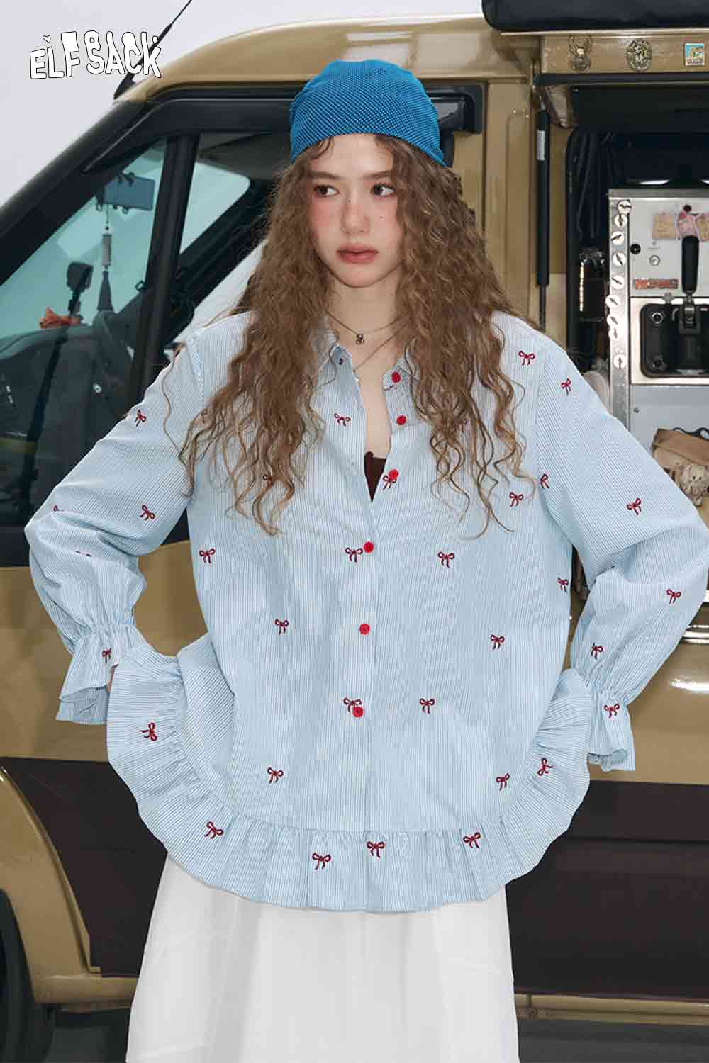 ELFSACK bow embroidered striped shirt for women light blue ruffle hem long sleeve button front casual everyday wear
