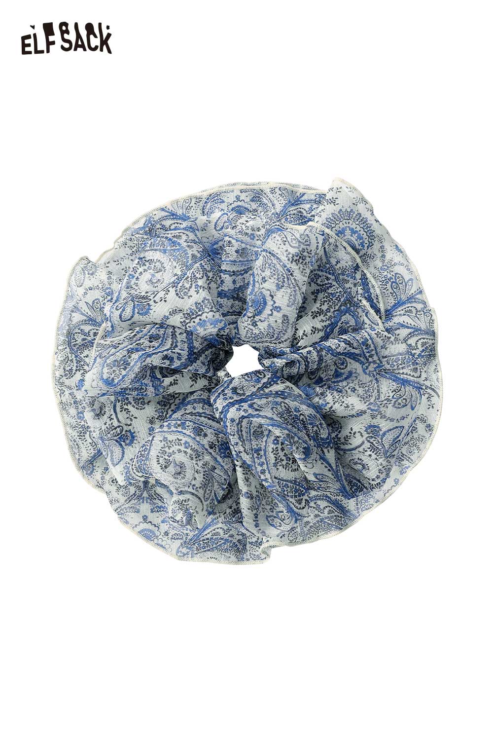 ELFSACK blue and white paisley scrunchie bohemian paisley hair tie in lightweight sheer fabric for casual boho styles