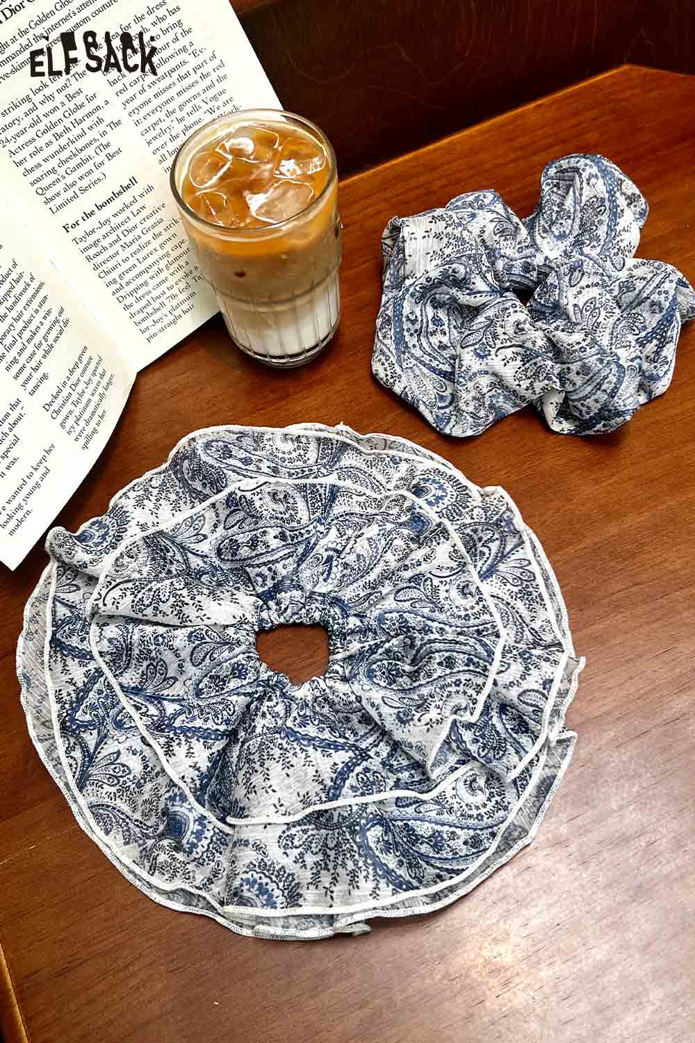 ELFSACK bohemian paisley hair tie set of two blue white scrunchies on wooden table with iced coffee