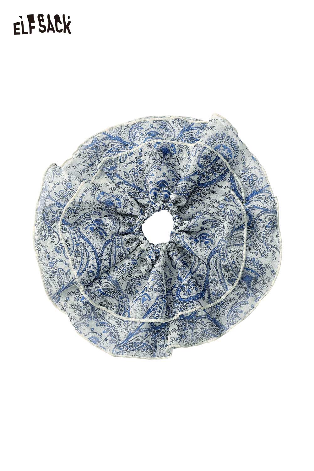 ELFSACK bohemian paisley hair tie in blue and white ruffled fabric scrunchie with elastic center