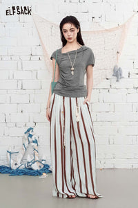 ELFSACK Cowl Neck Ruched Fitted Short Sleeve Top