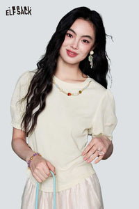 Cream Puff Sleeve Beaded Detail Tee