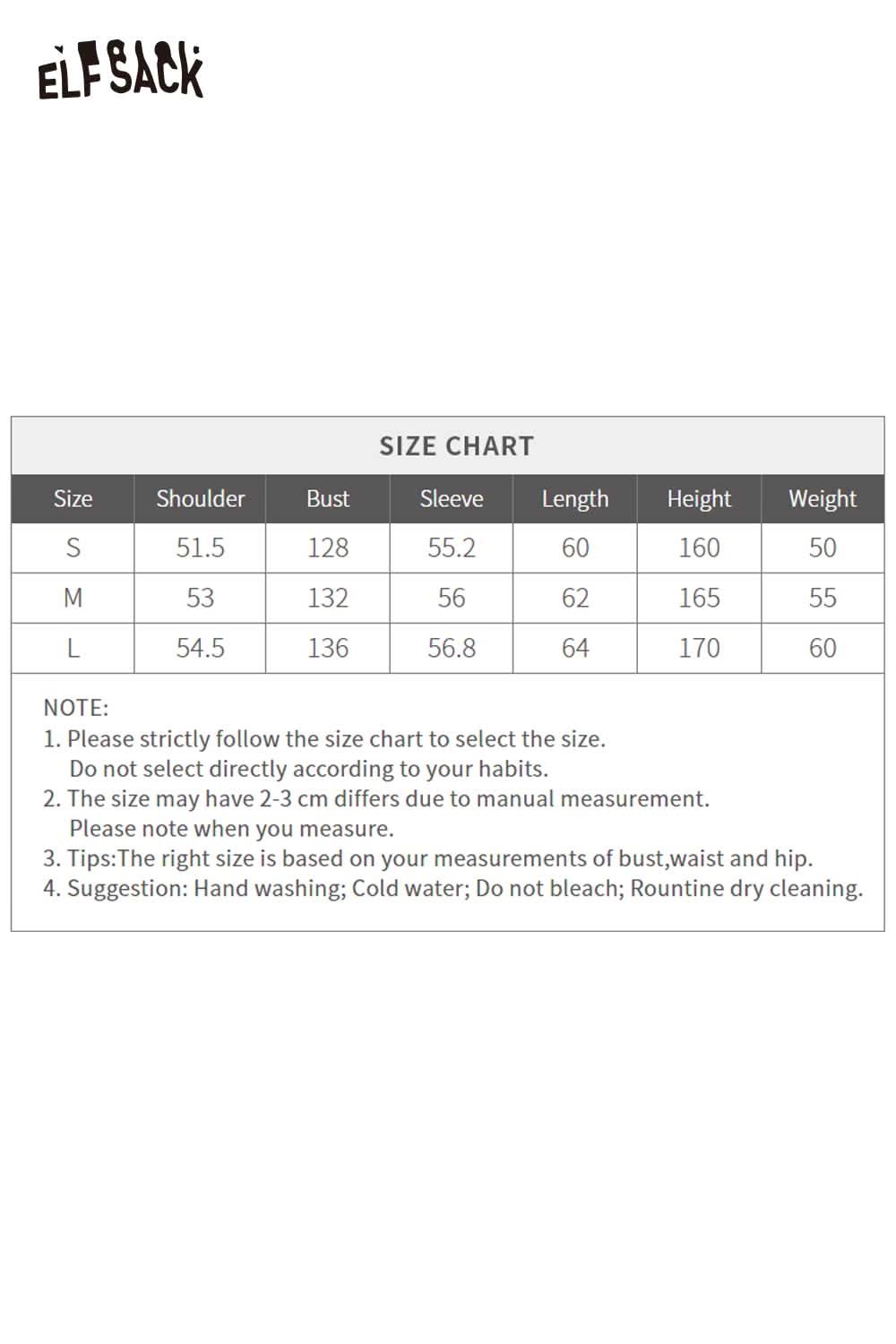 ELFSACK cream quilted mid-length jacket size chart with detailed measurements and care instructions