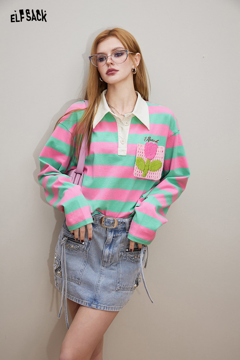 ELFSACK Croche Flower Striped long sleeve polo t-shirt with pink and green stripes and floral pocket detail