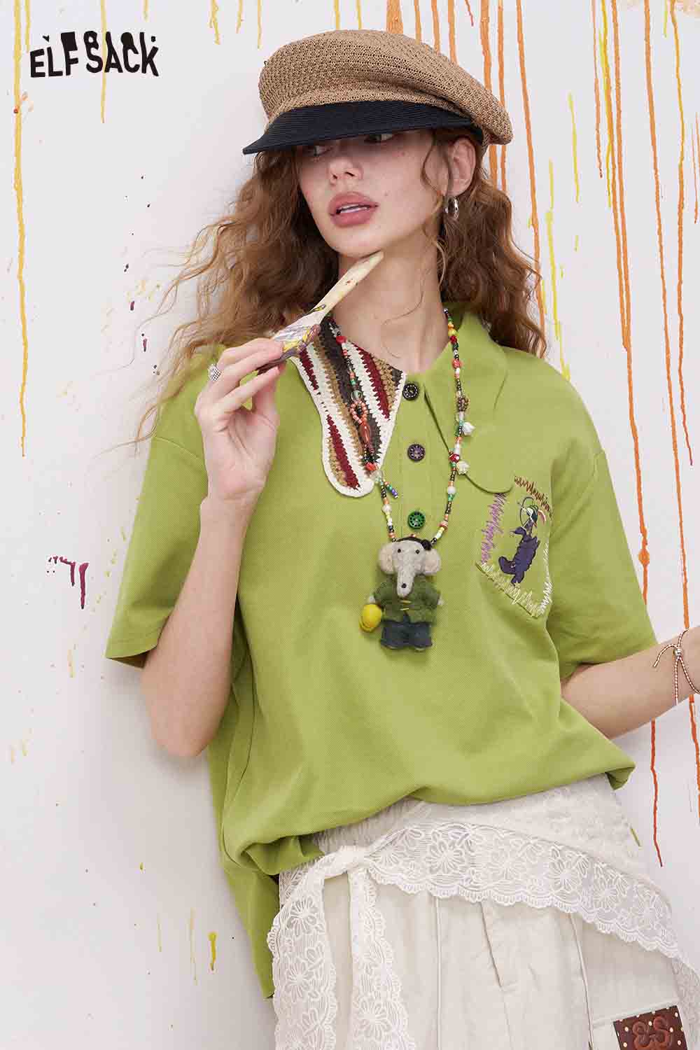 ELFSACK Crochet Collar Cartoon Embroidery Polo