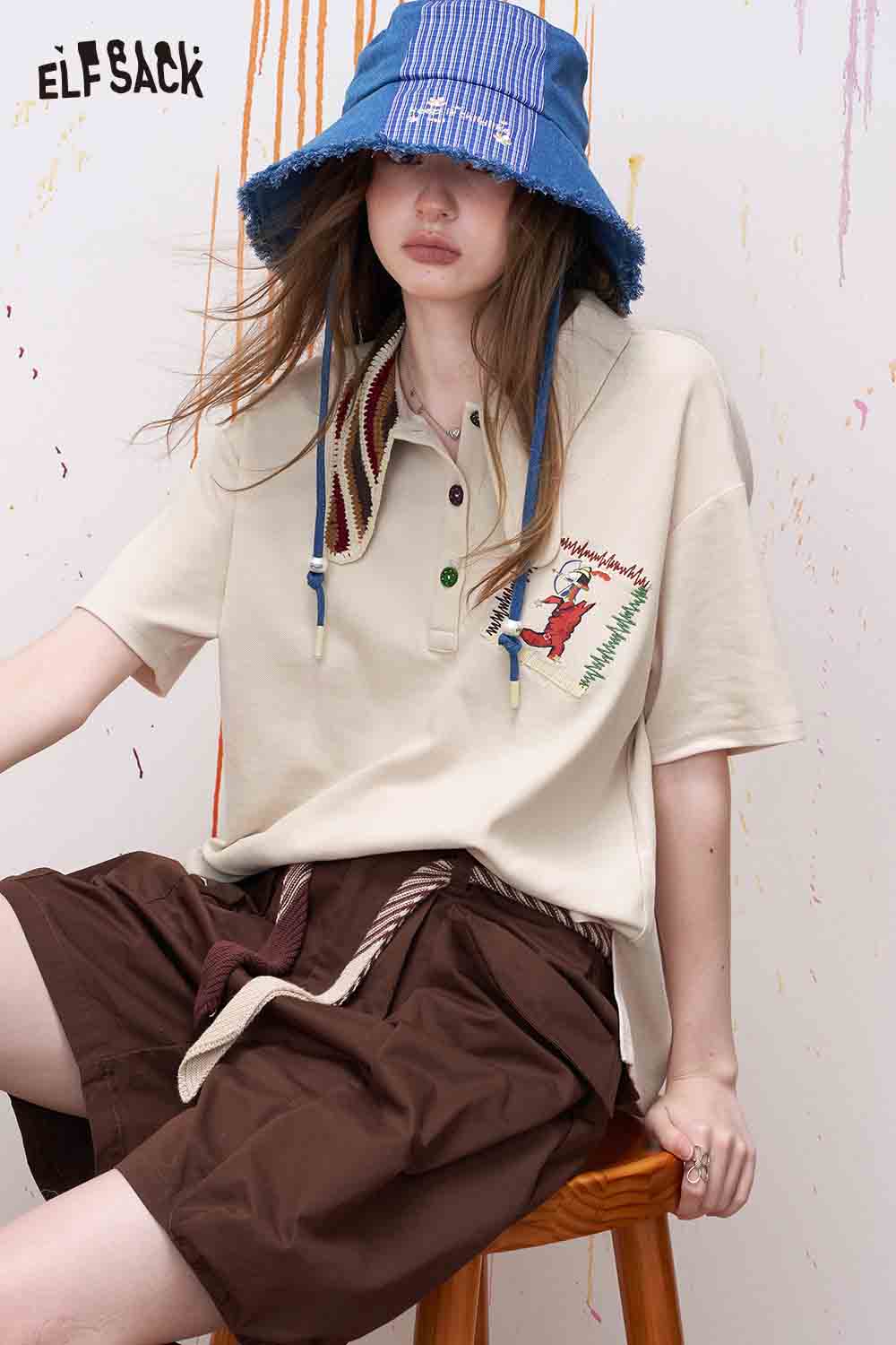 ELFSACK Crochet Collar Cartoon Embroidery Polo