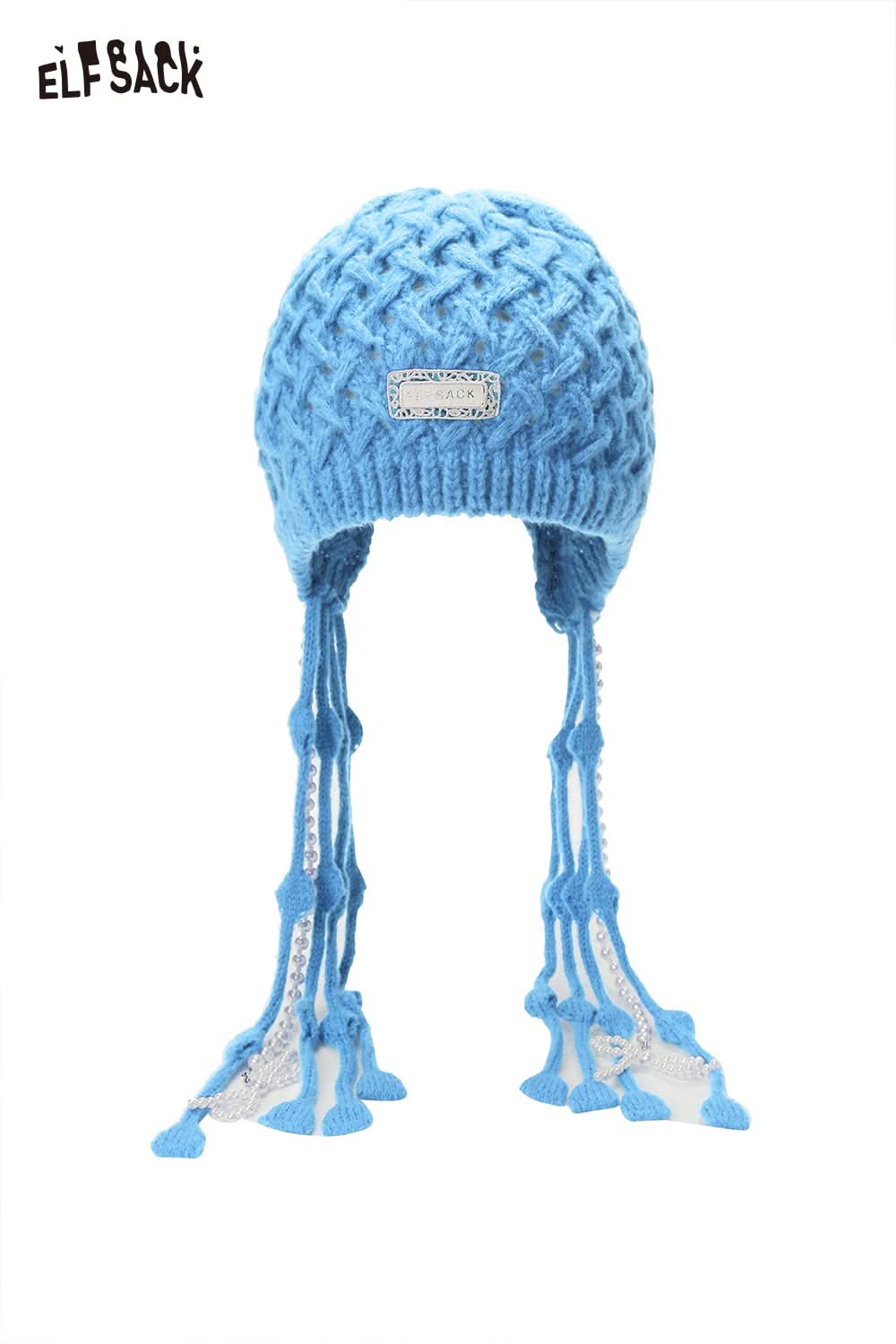 ELFSACK Crocheted tassel ear-flap hat in blue with stylish braided design and long tassels