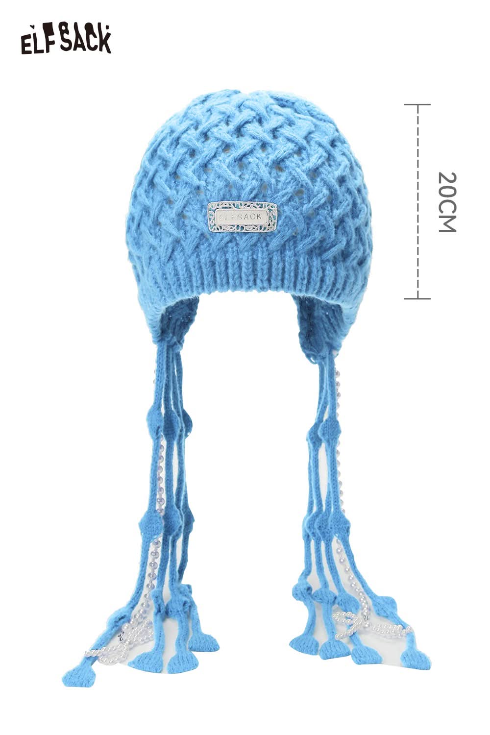 ELFSACK crocheted tassel ear-flap hat in blue with stylish tassels for warmth and fashion