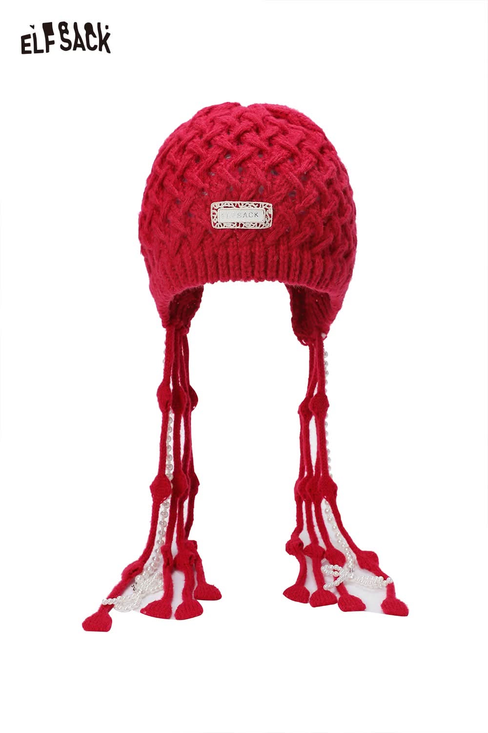 ELFSACK crocheted tassel ear-flap hat in vibrant red featuring unique braided design and playful tassels
