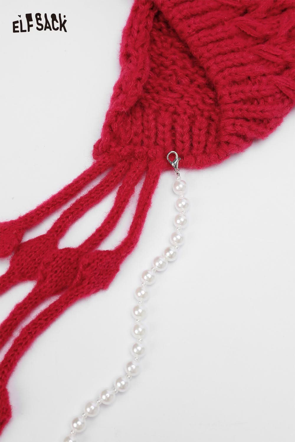 ELFSACK crocheted tassel ear-flap hat in vibrant red with decorative pearl details