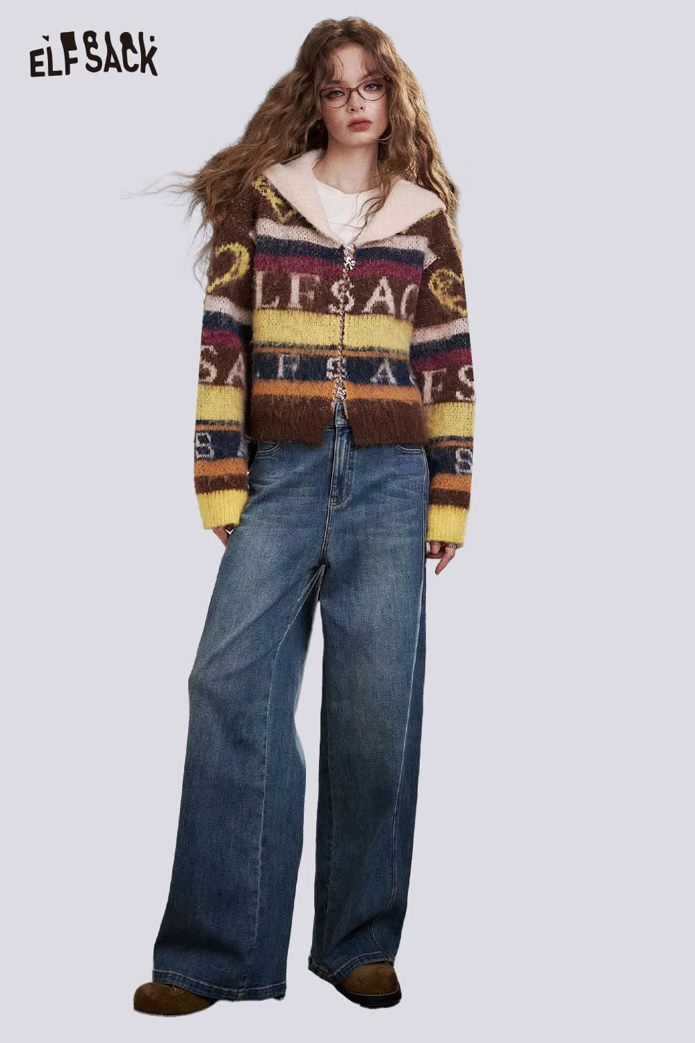 ELFSACK cropped knit sweater for women in multicolor design with oversized sleeves and logo accents