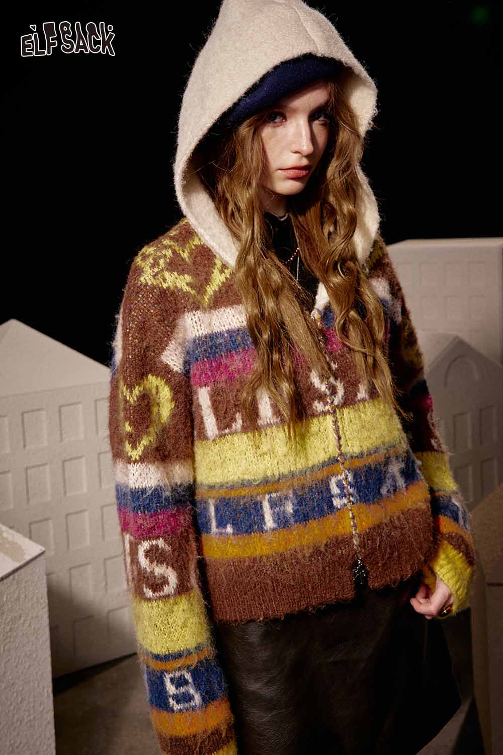 ELFSACK cropped knit sweater for women with a colorful striped design and a cozy hood