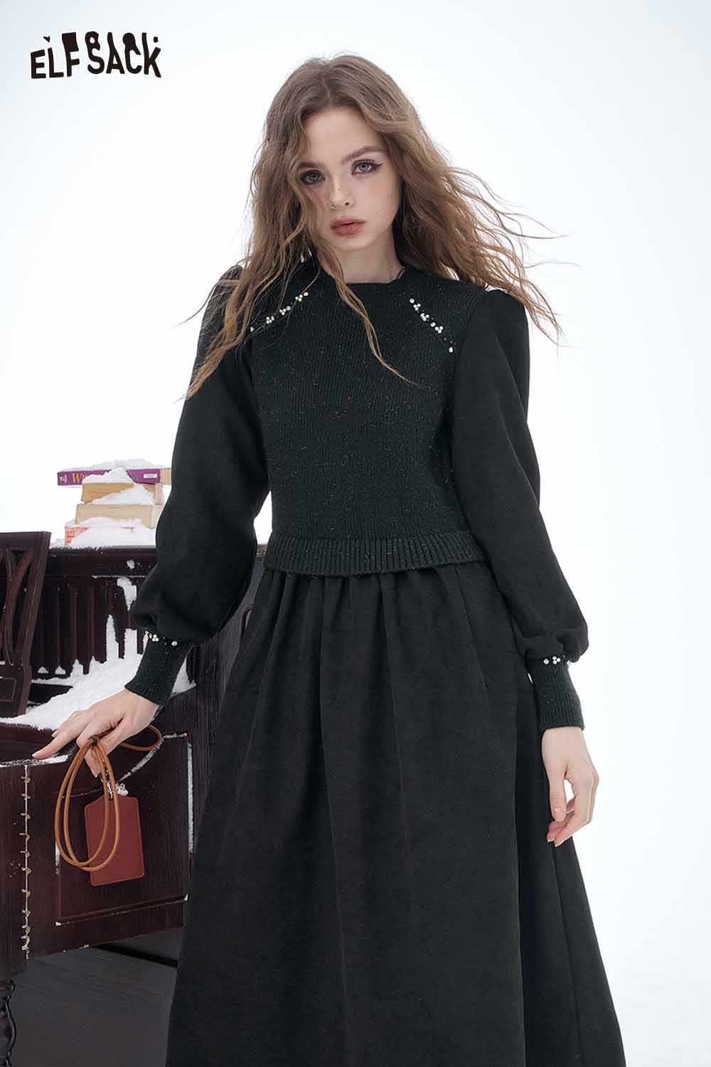 ELFSACK crystal accent midi dress in black with stylish puff sleeves and elegant design