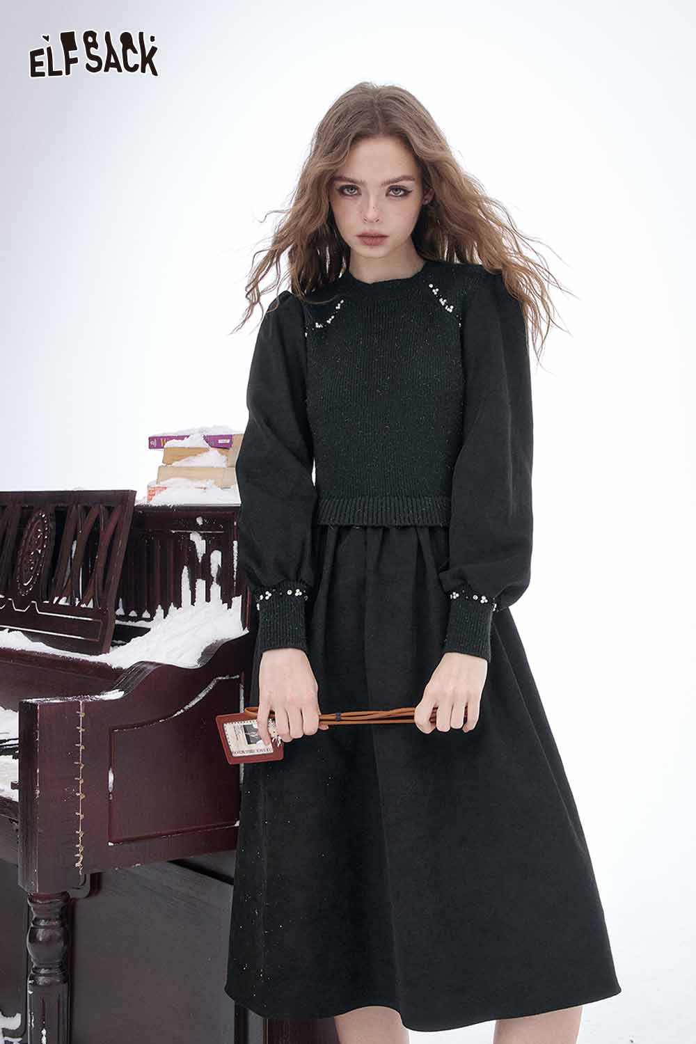 ELFSACK crystal accent midi dress in black with puff sleeves and sparkling details